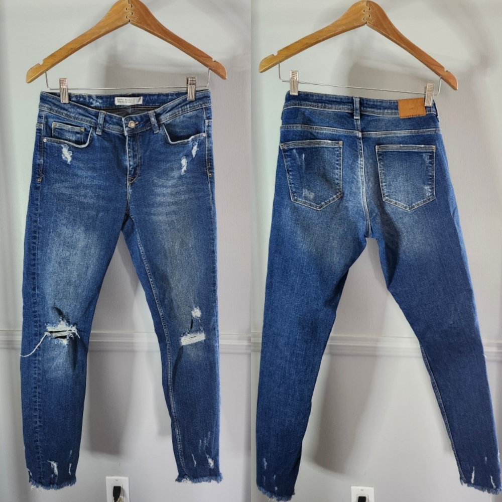 Zara Basic Dark Blue Medium Distressed Skinny Jea… - image 1